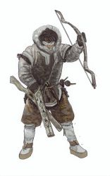 Rule 34 | 1boy, absurdres, black gloves, black hair, boots, bow (weapon), brown pants, facing viewer, full body, fur jacket, gloves, goggles, highres, holding, holding bow (weapon), holding weapon, hood, hood up, inuit, jacket, male focus, mossacannibalis, original, pants, solo, standing, weapon, white background