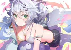 Rule 34 | 1girl, absurdres, all fours, animal ears, arknights, armlet, bare shoulders, bikini, bikini top only, black shorts, breasts, collarbone, cowboy shot, eyelashes, green eyes, grey hair, hair between eyes, hair intakes, hair ornament, hairclip, highres, jewelry, lappland (arknights), long hair, looking at viewer, necklace, pendant, puckered lips, scar, scar across eye, scar on face, short shorts, shorts, solo, swimsuit, tail, tentacles, white background, wolf ears, wolf girl, wolf tail, yuu (yuu yu)