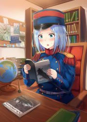 Rule 34 | 1girl, blue eyes, blue hair, blue hat, blue jacket, book, book stack, bookshelf, chair, french army, globe, hat, highres, holding, holding book, indoors, jacket, karo-chan, long sleeves, military, military hat, military uniform, open mouth, original, reading, short hair, sitting, solo, sweat, uniform, world war i