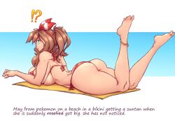 Rule 34 | !?, 1girl, alternate breast size, anklet, ass, barefoot, bikini, blue eyes, breasts, commentary, creatures (company), english commentary, english text, from side, game freak, hair ribbon, huge breasts, jewelry, looking at viewer, lying, may (pokemon), n647, nintendo, on stomach, pokemon, pokemon rse, ponytail, red bikini, red ribbon, ribbon, swimsuit, towel, yellow towel