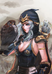 Rule 34 | 1girl, ashe (league of legends), bare shoulders, bird, blue eyes, breasts, cape, cleavage, falcon, hood, league of legends, lips, long hair, looking at viewer, quiver, ren keke, solo, white hair