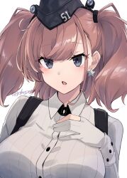 Rule 34 | 1girl, atlanta (kancolle), black hat, blush, breasts, brown hair, dress shirt, earrings, garrison cap, gloves, grey eyes, hair ornament, hand on own chest, hat, highres, jewelry, johssnny, kantai collection, large breasts, long hair, long sleeves, open mouth, shirt, simple background, single earring, solo, star (symbol), star earrings, twitter username, two side up, white gloves, white shirt