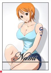Rule 34 | 1girl, bare arms, bare shoulders, breasts, brown eyes, character name, chris re5, cleavage, large breasts, nami (one piece), one piece, orange eyes, orange hair, short hair, sitting, smile, solo, source request, tattoo, thick thighs, thighs