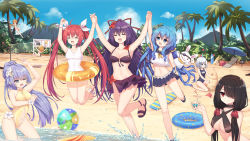 Rule 34 | 6+girls, :d, :o, ;o, ball, bare shoulders, barefoot, beach, beach volleyball, beachball, bikini, bikini skirt, black hair, blue eyes, blue hair, blue one-piece swimsuit, blue sky, blush, braid, breasts, bucket, character name, cleavage, closed eyes, clothing cutout, cloud, cloudy sky, cocktail glass, commentary request, covered navel, crescent, crescent hair ornament, criss-cross halter, cup, date a live, day, drinking glass, flower, full body, hair flower, hair ornament, hair over one eye, hair ribbon, hairclip, halterneck, highres, holding, holding cup, holding drinking glass, holding hands, in the face, in water, innertube, itsuka kotori, izayoi miku, jumping, light purple hair, long hair, low twintails, medium breasts, mountain, multiple girls, navel, navel cutout, neps-l, one-piece swimsuit, one eye closed, open mouth, orange hair, outdoors, palm tree, ponytail, portrait, purple bikini, purple eyes, purple hair, red eyes, red hair, ribbon, sand castle, sand sculpture, sandals, seiza, short hair, shovel, siblings, side cutout, silver hair, sisters, sitting, skin tight, sky, small breasts, smile, splashing, surfboard, swim ring, swimsuit, tobiichi origami, tokisaki kurumi, tree, twins, twintails, very long hair, volleyball, volleyball (object), wading, white one-piece swimsuit, worktool, yamai kaguya, yamai yuzuru, yatogami tooka, yellow one-piece swimsuit, yoshino (date a live), yoshinon