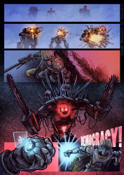Rule 34 | 1other, armor, automaton (helldivers), black cape, black gloves, black headwear, breastplate, cape, chainsaw, cowboy shot, dual wielding, english text, explosion, fog, gloves, glowing, glowing eyes, gun, helldiver (helldivers), helldivers (series), helmet, highres, holding, looking at viewer, phobox91, red eyes, rifle, robot, science fiction, sniper rifle, squatting, standing, weapon