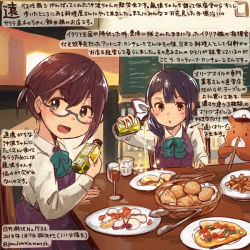 Rule 34 | 2girls, admiral (kancolle), animal, black hair, blue-framed eyewear, bow, bowtie, brown eyes, brown hair, colored pencil (medium), commentary request, dated, dress, food, fujinami (kancolle), glasses, green eyes, green neckwear, hamster, holding, kantai collection, kirisawa juuzou, long sleeves, multiple girls, non-human admiral (kancolle), numbered, okinami (kancolle), purple dress, shirt, short hair, side ponytail, sleeveless, sleeveless dress, traditional media, translation request, twitter username, white shirt
