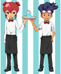 Rule 34 | 2boys, apron, bow, bowtie, brown hair, full body, glass, glasses, goggles, goggles on head, hamano kaiji, hayami tsurumasa, inazuma eleven (series), inazuma eleven go, male focus, multiple boys, open mouth, short hair, short twintails, simple background, smile, tray, twintails, waist apron, waiter