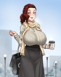 Rule 34 | 1girl, ayako (twrlare), bag, black skirt, blush, bra visible through clothes, breasts, brown hair, coffee cup, cup, disposable cup, grey sweater, heavy breathing, holding, holding cup, huge breasts, jewelry, long skirt, mature female, mole, mole under eye, open mouth, original, pendant, purple eyes, ribbed sweater, round teeth, scarf, shopping bag, signature, skirt, solo, sweater, teeth, twrlare, winter, yellow scarf
