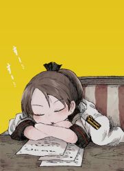 Rule 34 | 1girl, :o, blush, brown hair, chair, closed eyes, hair ribbon, highres, jacket, jacket on shoulders, kantai collection, open mouth, paper, ponytail, ribbon, sailor collar, school uniform, serafuku, shikinami (kancolle), shikinami kai ni (kancolle), short sleeves, simple background, sitting, sleeping, sleeping upright, solo, tori knkr, upper body, yellow background