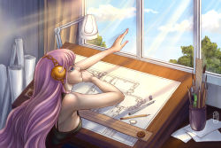 Rule 34 | 1girl, bare arms, bare shoulders, black tank top, blue eyes, breasts, cloud, curtains, delfina elkliar, female focus, headset, lips, long hair, megurine luka, outdoors, outstretched arm, paintbrush, paper, pencil, pink hair, sideboob, sky, solo, sunlight, tank top, vocaloid, window