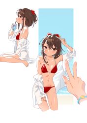 Rule 34 | 2girls, :/, absurdres, arm up, bare legs, bare shoulders, barefoot, bikini, blurry, blurry foreground, blush, bow, bracelet, breasts, brown eyes, brown hair, commentary request, cowboy shot, cropped legs, drinking straw, drinking straw in mouth, from side, hair between eyes, hair bow, hakurei reimu, highres, jewelry, looking at another, multiple girls, multiple views, off shoulder, pov, pov hands, profile, red bikini, red bow, short hair with long locks, sidelocks, sideways glance, sitting, small breasts, solo focus, standing, swimsuit, teruteru (teru teru), thigh gap, toes, touhou, v, wariza