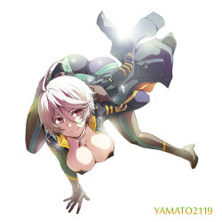 Rule 34 | 10s, 1girl, all fours, arm up, artist request, ass, bodysuit, breasts, cleavage, copyright name, artistic error, jacket, jewelry, large breasts, necklace, pilot, red eyes, shiny clothes, silver hair, skin tight, smile, solo, uchuu senkan yamato, uchuu senkan yamato 2199, uniform, yamamoto akira