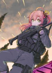 Rule 34 | 1girl, absurdres, ahoge, alternate costume, bell, call of duty, call of duty: modern warfare 2, finger on trigger, gloves, green eyes, gun, hair bell, hair ornament, hairclip, headphones, highres, holding, holding gun, holding weapon, hololive, long hair, looking at viewer, outdoors, pink hair, pouch, radicalfool, sakura miko, solo, thigh pouch, tree, utility vest, virtual youtuber, weapon, x hair ornament