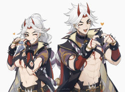 Rule 34 | 1boy, 1girl, abs, arataki itto, belt, black nails, blush, bodypaint, breasts, ear piercing, facepaint, fangs, fingernails, genderswap, genderswap (mtf), genshin impact, grey hair, grin, heart, heart hands, horns, japanese clothes, large breasts, long hair, looking at viewer, multicolored hair, nail polish, o-ring, one eye closed, oni yakisoba, open mouth, orange eyes, piercing, ponytail, red hair, red horns, sharp fingernails, simple background, smile, toned, toned male, twitter username, upper body, vision (genshin impact)