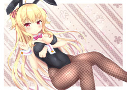 Rule 34 | 1girl, animal ears, bare shoulders, black leotard, blonde hair, bow, bowtie, breasts, brown pantyhose, cleavage, cowboy shot, detached collar, fake animal ears, fishnet pantyhose, fishnets, highres, leotard, long hair, looking at viewer, medium breasts, original, pantyhose, pink bow, pink bowtie, playboy bunny, rabbit ears, rabbit tail, red eyes, smile, solo, strapless, strapless leotard, tail, two side up, wrist cuffs, yuzuki yuki (another yuki)