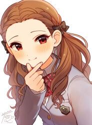 Rule 34 | 1girl, blazer, blush, bow, bowtie, braid, braided bangs, brown hair, diagonal-striped bow, diagonal-striped bowtie, diagonal-striped clothes, finger heart, forehead, hair bow, idolmaster, idolmaster cinderella girls, jacket, long sleeves, looking at viewer, mmmakaron888, red bow, red bowtie, red eyes, school uniform, seki hiromi, signature, simple background, smile, solo, striped clothes, upper body, white background