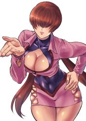 Rule 34 | 1girl, absurdres, beniazumaru, blowing kiss, breasts, brown hair, buttons, cleavage, clothing cutout, commentary request, covered collarbone, covered navel, cropped jacket, fingernails, hair between eyes, hand on own hip, highres, jacket, large breasts, leaning forward, leotard, leotard under clothes, lips, long hair, long sleeves, looking at viewer, low twintails, miniskirt, parted lips, pink jacket, pink skirt, shermie (kof), shiny skin, simple background, skirt, smile, solo, the king of fighters, the king of fighters &#039;97, thighs, turtleneck, twintails