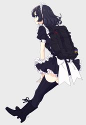 Rule 34 | 1girl, ankle boots, apron, aqua eyes, artist name, backpack, bag, black dress, black footwear, black hair, black thighhighs, boots, closed mouth, crossed legs, dress, expressionless, from side, full body, high heels, highres, kise (swimmt), maid, maid headdress, original, profile, puffy short sleeves, puffy sleeves, short sleeves, signature, solo, thighhighs, waist apron