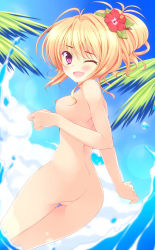 Rule 34 | 1girl, anus, ass, azure (capriccio), blonde hair, blush, breasts, cleft of venus, cloud, flower, from behind, hair flower, hair ornament, highres, looking back, nipples, nude, one eye closed, purple eyes, pussy, sky, smile, solo, thighs, third-party edit, uncensored, water, wink