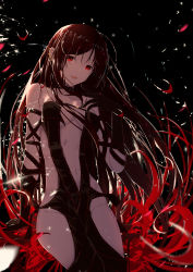 Rule 34 | 1girl, absurdres, arm support, bare shoulders, black background, black dress, black gloves, blurry, breasts, brown hair, center opening, choker, dress, ear piercing, fate/grand order, fate (series), floating hair, flower, gloves, groin, hair between eyes, highres, long hair, looking at viewer, navel, open mouth, petals, piercing, re:rin, red eyes, sitting, solo, yu mei-ren (fate)