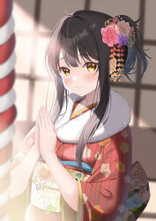 Rule 34 | 1girl, blush, closed mouth, day, flower, hair flower, hair ornament, highres, japanese clothes, kimono, light particles, long hair, long sleeves, looking at viewer, obi, original, own hands together, pink flower, piyopoyo, ponytail, red kimono, sash, sidelocks, smile, solo, striped clothes, striped kimono, upper body, white flower, wide sleeves, yellow eyes