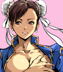 Rule 34 | 1girl, blue dress, bow, breasts, brown eyes, brown hair, bun cover, capcom, china dress, chinese clothes, chun-li, collarbone, commentary request, covering breasts, covering privates, double bun, dress, earrings, gold trim, hair bun, jewelry, kamisimo 90, looking at viewer, medium breasts, open clothes, open shirt, pink background, portrait, smile, solo, street fighter
