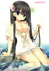 Rule 34 | 1girl, absurdres, arm support, bare legs, barefoot, black hair, blunt bangs, blush, breasts, cleavage, dress, flower, hair flower, hair ornament, highres, knees together feet apart, long hair, miyasu risa, no bra, parted lips, partially submerged, purple eyes, scan, sitting, soaking feet, solo, very long hair, water, wet, wet clothes, white dress