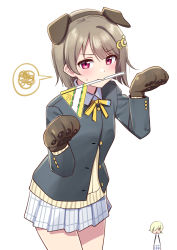 Rule 34 | 2girls, animal ears, animal hands, blazer, breasts, character request, copyright request, cowboy shot, crescent, crescent hair ornament, deadnooodles, dog ears, fake animal ears, gloves, hair ornament, hands up, highres, jacket, light blush, light brown hair, long sleeves, looking at viewer, mouth hold, multiple girls, neck ribbon, paw gloves, plaid, plaid skirt, pleated skirt, red eyes, ribbon, short hair, simple background, skirt, small breasts, sweater, white background, yellow ribbon
