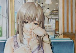 Rule 34 | 1girl, black eyes, bracelet, brown hair, closed mouth, collarbone, commentary request, drinking straw, head rest, indoors, jewelry, katsu (24791909), long hair, looking at viewer, marker (medium), purple tank top, sidelocks, solo, suga natsumi, tank top, tenki no ko, traditional media, window