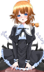 Rule 34 | 1girl, absurdres, afterimage, ahoge, arm support, assault lily, black pantyhose, black ribbon, black skirt, blue eyes, blush, braid, braided ponytail, breasts, buttons, commentary request, cropped jacket, frilled skirt, frills, futagawa fumi, heavy breathing, high-waist skirt, highres, knees out of frame, long hair, looking at viewer, low ponytail, medium breasts, miniskirt, motion blur, neck ribbon, open mouth, orange hair, pantyhose, ribbon, riding, riding machine, school uniform, sexually suggestive, shirt, simple background, single braid, sitting, skirt, solo, spread legs, teeth, translation request, upper teeth only, white background, white shirt, ya-man, yurigaoka girls academy school uniform