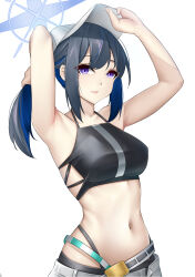 Rule 34 | 1girl, absurdres, arknights, armpits, arms up, bare arms, bare shoulders, baseball cap, belt, bikini, black bikini, blue archive, blue hair, breasts, casperrin, ch&#039;en (arknights), ch&#039;en (arknights) (cosplay), commentary request, cosplay, hat, highres, ishigami shizuka, large breasts, long hair, navel, purple eyes, saori (blue archive), solo, stomach, swimsuit, upper body, voice actor connection, white hat