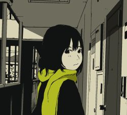 Rule 34 | 1girl, black eyes, black hair, black shirt, building, colored skin, day, door, female focus, frown, hosoo, looking at viewer, monochrome, no pupils, original, outdoors, scarf, school, shirt, short hair, solo, spot color, standing, white skin