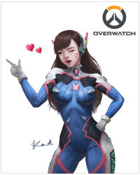 Rule 34 | 1girl, acronym, animal print, armor, blue bodysuit, bodysuit, boots, bracer, breasts, breasts apart, brown eyes, brown hair, copyright name, covered navel, cowboy shot, d.va (overwatch), donghyeon kim, emblem, eyelashes, facepaint, facial mark, gloves, hand on own hip, headphones, heart, highres, index finger raised, legs apart, lips, logo, long hair, looking to the side, matching hair/eyes, medium breasts, nose, one eye closed, open mouth, overwatch, overwatch 1, pauldrons, pilot suit, pink lips, rabbit print, realistic, ribbed bodysuit, shoulder armor, shoulder pads, signature, simple background, skin tight, smile, solo, spoken heart, swept bangs, thigh boots, thigh strap, thighhighs, turtleneck, whisker markings, white background, white gloves