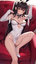 Rule 34 | 1girl, animal ears, armpits, arms up, bare legs, bare shoulders, black hair, bow, bowtie, breasts, chair, choker, cleavage, clothing cutout, covered navel, detached sleeves, flower, hair flower, hair ornament, hatsuno xxx, highleg, highleg leotard, highres, knee up, leotard, long hair, long sleeves, looking at viewer, medium breasts, orange eyes, original, playboy bunny, rabbit ears, shoes, sitting, solo, strapless, strapless leotard, thighs, two side up, underboob cutout, very long hair, white choker, white footwear, white leotard