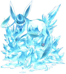 Rule 34 | aqua theme, blue eyes, commentary, commentary request, creature, creatures (company), game freak, gen 4 pokemon, glaceon, ibui matsumoto, ice, looking at viewer, lying, marker (medium), nintendo, no humans, on stomach, pokemon, pokemon (creature), simple background, solo, traditional media, watercolor pencil (medium), white background