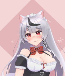 Rule 34 | 1girl, alternate costume, animal ears, apron, black collar, black dress, black hair, blush, breasts, cat ears, cleavage, collar, dress, fang, grey hair, highres, hololive, kempowder, large breasts, long hair, looking at viewer, maid, multicolored hair, necktie, non-web source, red eyes, sakamata chloe, self-upload, skin fang, solo, streaked hair, virtual youtuber