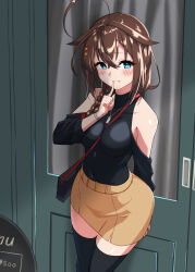 Rule 34 | 1girl, absurdres, ahoge, alternate costume, arm behind back, bag, bare shoulders, between breasts, black thighhighs, blue eyes, blush, bracelet, braid, breasts, brown hair, clothing cutout, collarbone, commentary request, covered navel, cowboy shot, curtains, dog tags, door, finger to mouth, hair between eyes, hair flaps, hair ornament, hairclip, handbag, highres, jewelry, kantai collection, long hair, long sleeves, looking at viewer, medium breasts, menu board, miniskirt, necklace, off-shoulder shirt, off shoulder, outdoors, parted lips, shiba (zudha), shigure (kancolle), shirt, shoulder cutout, sideboob, sign, single braid, skirt, smile, solo, thighhighs, window, yellow skirt, zettai ryouiki