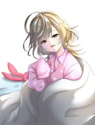 Rule 34 | 1girl, ahoge, animal print, assault lily, bed sheet, blanket, commentary, craisis (craisis2), grey hair, hand up, head tilt, highres, long hair, long sleeves, looking at viewer, multicolored hair, pajamas, parted lips, pink pajamas, print pajamas, rabbit print, sasaki ran, simple background, sitting, sleeves past fingers, sleeves past wrists, smile, solo, streaked hair, stuffed animal, stuffed rabbit, stuffed toy, white background, yellow eyes