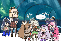 &gt;_&lt; 6+girls :3 :d aged_down animalization ankle_boots aquarium black_corset blue_cape blue_hair boots brown_cape brown_hair camera cape cecilia_immergreen chain chain_headband closed_eyes corset crying dress english_text fish fongban_illust frog green_dress hair_intakes height_difference highres holding holding_camera hololive hololive_english koseki_bijou laughing multiple_girls nanashi_mumei ninomae_ina&#039;nis octopus open_mouth ouro_kronii pink_hair purple_hair raora_panthera sea_urchin single_tear skirt smile speech_bubble stuffed_toy virtual_youtuber watson_amelia white_dress white_hair |_|