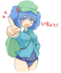 Rule 34 | 1girl, backpack, bag, blue eyes, blue hair, female focus, foreshortening, hair bobbles, hair ornament, hat, kawashiro nitori, key, matching hair/eyes, mokuyou, no pants, one-piece swimsuit, pointing, randoseru, school swimsuit, short hair, solo, swimsuit, swimsuit under clothes, touhou, twintails, two side up
