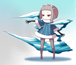 Rule 34 | 1girl, abstract background, between legs, blunt bangs, bob cut, brown hair, brown pantyhose, claws, coat, fur collar, fur trim, gloves, hime cut, huge weapon, ice, ice tentacles, ken (koala), no shoes, original, outstretched arm, pantyhose, queen of icicle, red eyes, short hair, solo, spread fingers, striped, tiara, vertical stripes, weapon
