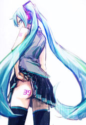 Rule 34 | 1girl, 39, aqua eyes, aqua hair, ass, bad id, bad pixiv id, clothes lift, from behind, hatsune miku, headphones, long hair, looking back, simple background, skirt, skirt lift, solo, tattoo, thighhighs, total, twintails, very long hair, vocaloid, white background