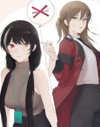 Rule 34 | 2girls, absurdres, bad id, bad pixiv id, black hair, black skirt, blush, breasts, brown hair, cigarette, closed mouth, coat, commentary, copyright request, cross scar, facial scar, flat chest, green eyes, grey pants, grey sweater, hair ornament, hairclip, hand up, heterochromia, highres, holding, lanyard, large breasts, long hair, looking at viewer, low twintails, multicolored hair, multiple girls, no smoking, open clothes, open coat, oyabuli, pants, parted lips, pleated skirt, red coat, red eyes, ribbed sweater, scar, scar on cheek, scar on face, shirt, skirt, sleeveless, sleeveless sweater, streaked hair, sweatdrop, sweater, symbol-only commentary, twintails, white shirt
