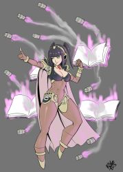 Rule 34 | 1girl, aegis (persona), android, black hair, blue eyes, blunt bangs, book, breasts, cape, cleavage, fire emblem, fire emblem awakening, fusion, headphones, itano circus, jewelry, large breasts, lots of jewelry, magic, missile, nintendo, open book, parody, persona, persona 3, pointing, pointing forward, randomboobguy, solo, tharja (fire emblem), two side up