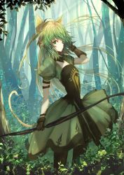 Rule 34 | 1girl, ahoge, animal ears, arched back, armband, atalanta (fate), blonde hair, fate/apocrypha, fate (series), forest, gloves, gradient hair, green eyes, highres, kaze minoru so-ru, long hair, looking at viewer, multicolored hair, nature, puffy sleeves, solo, tail, tree