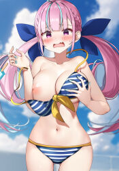 Rule 34 | 1girl, accidental exposure, ai-assisted, bikini, blue hair, blue nails, blue sky, blush, breasts, colored inner hair, food, grabbing own breast, hair ornament, highres, holding, holding food, holding ice cream, hololive, ice cream, large breasts, long hair, looking at viewer, minato aqua, minato aqua (hololive summer 2019), multicolored hair, nipples, open mouth, otokucha, outdoors, pink eyes, pink hair, sky, solo, streaked hair, striped bikini, striped clothes, swimsuit, twintails, two-tone hair, virtual youtuber, wardrobe malfunction