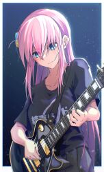 Rule 34 | 1girl, black shirt, black skirt, blue eyes, blush, bocchi the rock!, border, closed mouth, collarbone, commentary request, cube hair ornament, doki (oox3o), gotoh hitori, guitar, hair between eyes, hair ornament, hair over eyes, highres, holding, holding instrument, instrument, long hair, music, one side up, outside border, pink hair, playing instrument, shirt, short sleeves, skirt, solo, sweat, t-shirt, upper body, white border