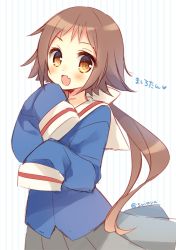 Rule 34 | 1girl, :d, artist name, blue shirt, blush, brown eyes, brown hair, commentary request, cowboy shot, fang, hands up, heart, long hair, long sleeves, looking at viewer, mikakunin de shinkoukei, mitsumine mashiro, open mouth, pleated skirt, ponytail, sailor collar, school uniform, serafuku, shirt, skin fang, skirt, sleeves past fingers, sleeves past wrists, smile, solo, striped, striped background, suimya, translated, vertical stripes