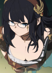 Rule 34 | 1girl, black hair, breasts, cleavage, closed mouth, collarbone, from above, frown, glaring, glass, glitch, granblue fantasy, hairband, illnott, jewelry, large breasts, looking at viewer, mifuta, necklace, off-shoulder shirt, off shoulder, shirt, sidelocks, solo, white shirt
