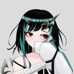 Rule 34 | 1girl, absurdres, black hair, blue hair, blunt bangs, commentary request, covering own mouth, demon girl, demon horns, demon tail, grey background, grey choker, grey sweater, hair ornament, hairclip, hand over own mouth, highres, horns, looking to the side, medium hair, multicolored hair, nanashi inc., off shoulder, official alternate costume, pendramon, red eyes, shishio chris, shishio chris (2nd costume), simple background, sleeves past fingers, sleeves past wrists, solo, sugar lyric, sweater, tail, two-tone hair, upper body, virtual youtuber